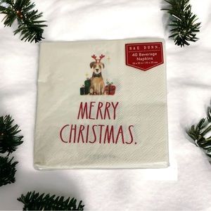 RAE DUNN 40 Paper Beverage Napkins Christmas Dog with Glasses and Hat 10x10"